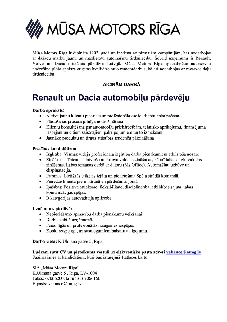 Mūsa Motors grupa, AS Renault un Dacia automobiļu pārdevējs/-a