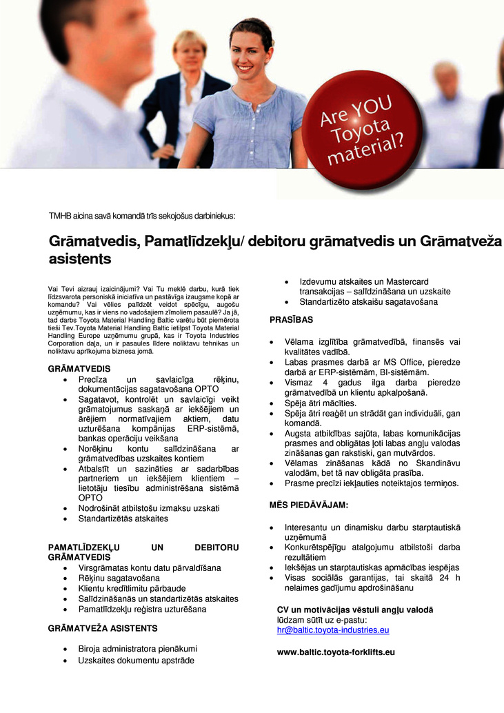 Toyota Material Handling Baltic, SIA Grāmatvedis (-e), Pamatlīdzekļu/ debitoru grāmatvedis un Grāmatveža asistents(-e)  