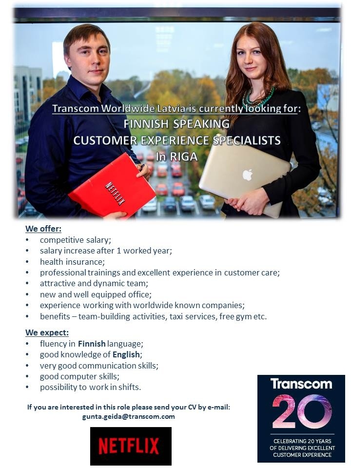 Transcom Worldwide Latvia, SIA Finnish speaking Customer service representative
