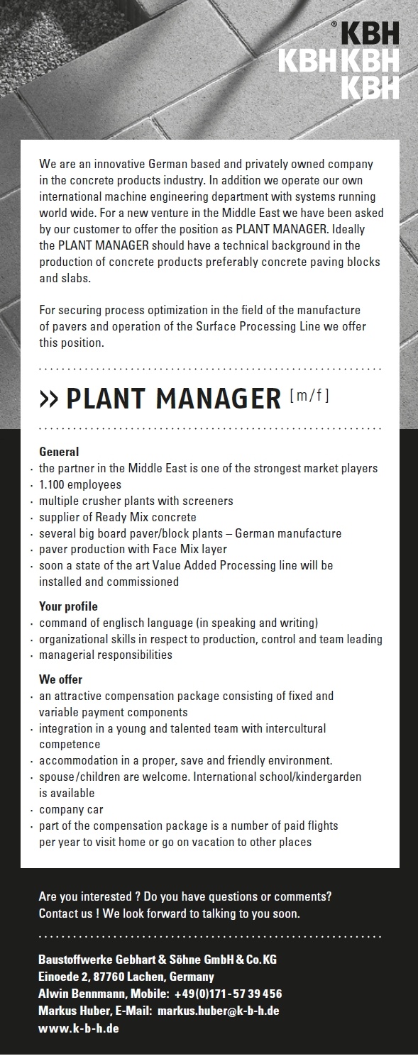 KBH Baustoffwerke Gebhart & Söhne GmbH Plant manager [m/f]
