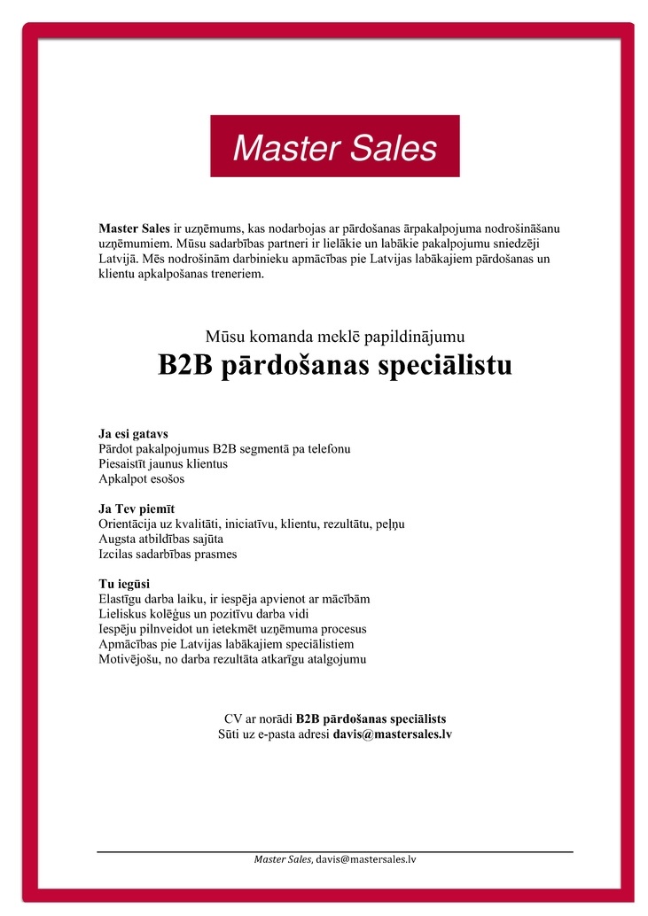 Master Sales, SIA B2B pārdošanas speciālists/-e