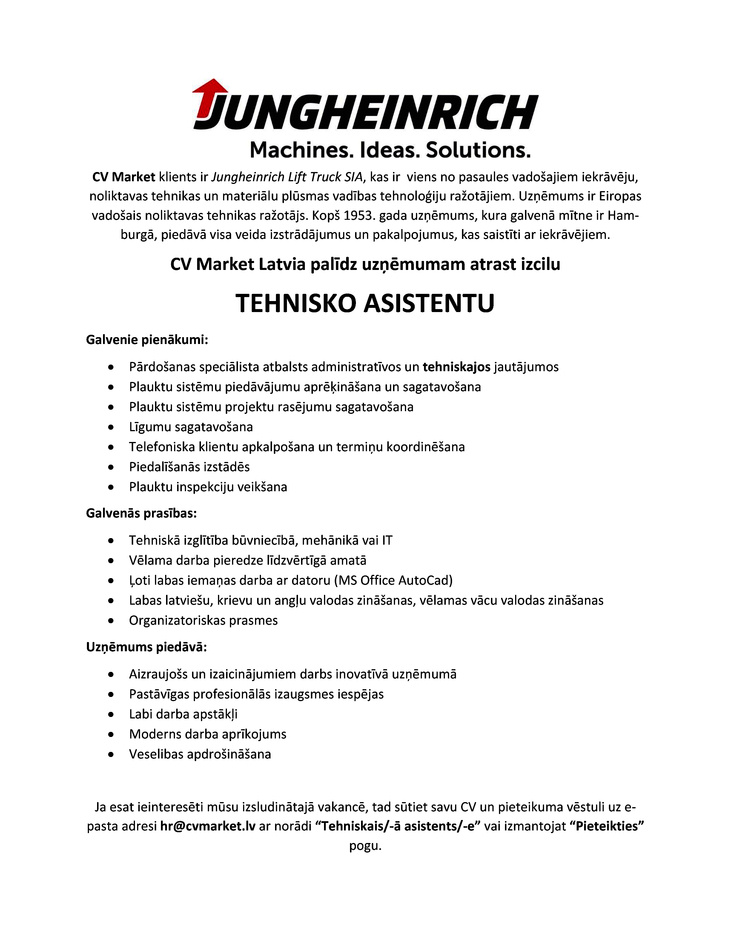 Jungheinrich Lift Truck SIA Tehniskais/-ā asistents/-e