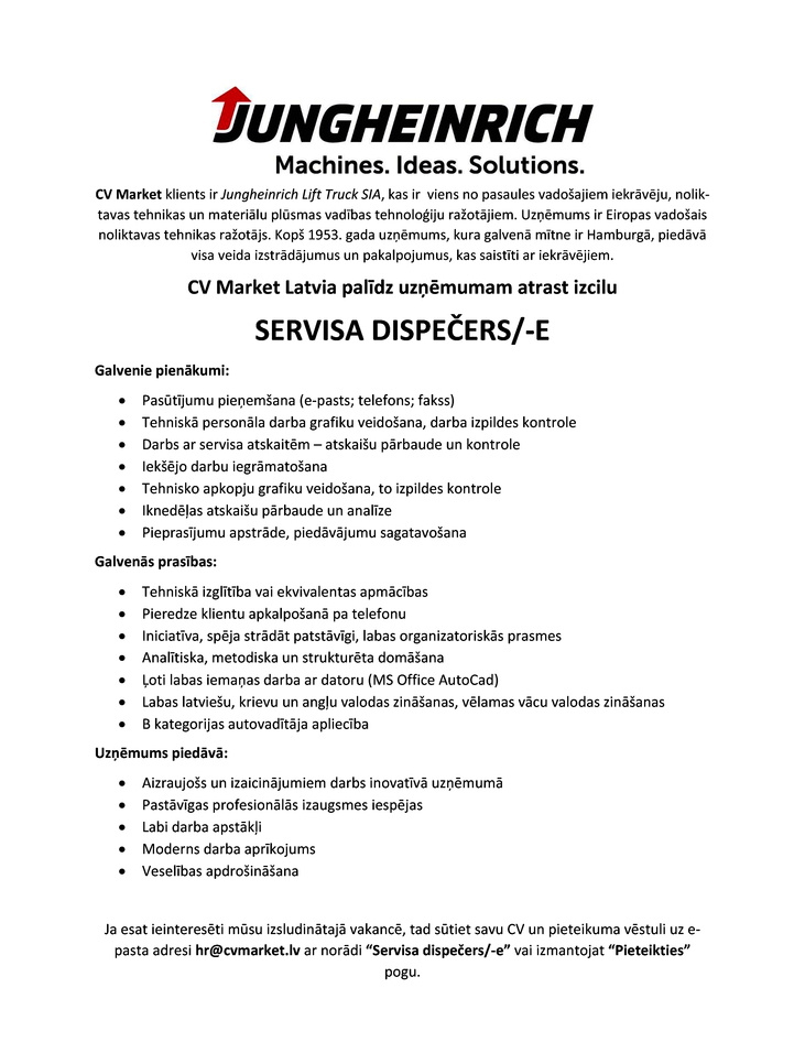 Jungheinrich Lift Truck SIA Servisa dispečers/-e