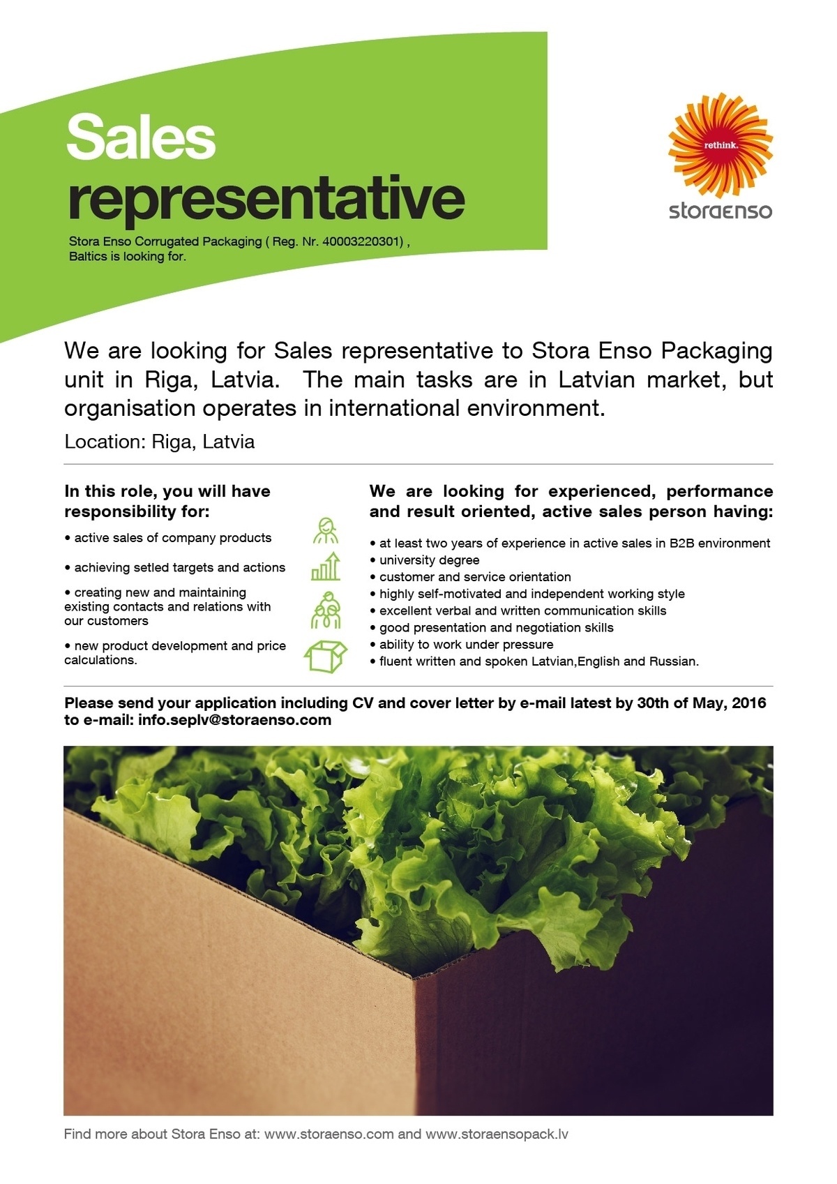 Stora Enso Packaging, SIA Sales representative
