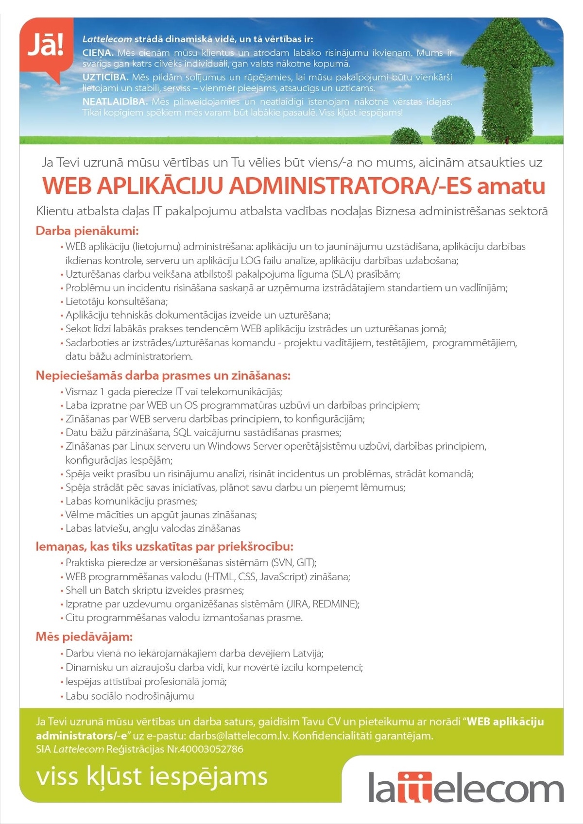 Lattelecom, SIA Web aplikāciju administrators/-e
