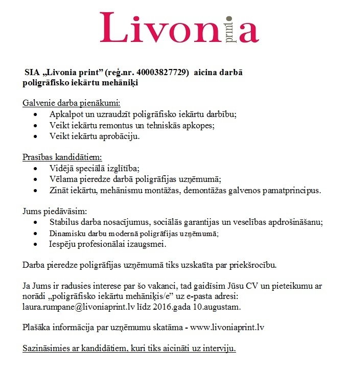 Livonia Print, SIA Poligrāfisko iekārtu mehāniķis/e