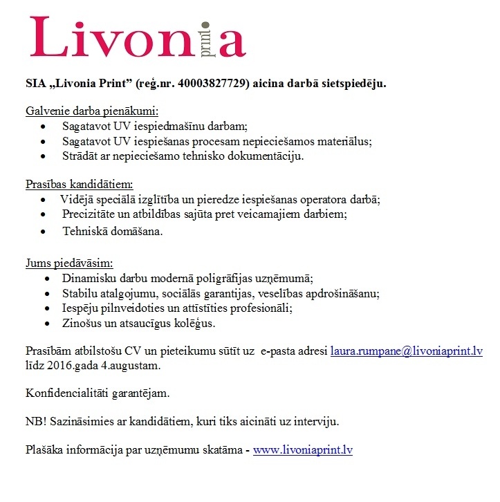 Livonia Print, SIA Sietspiedējs/-a