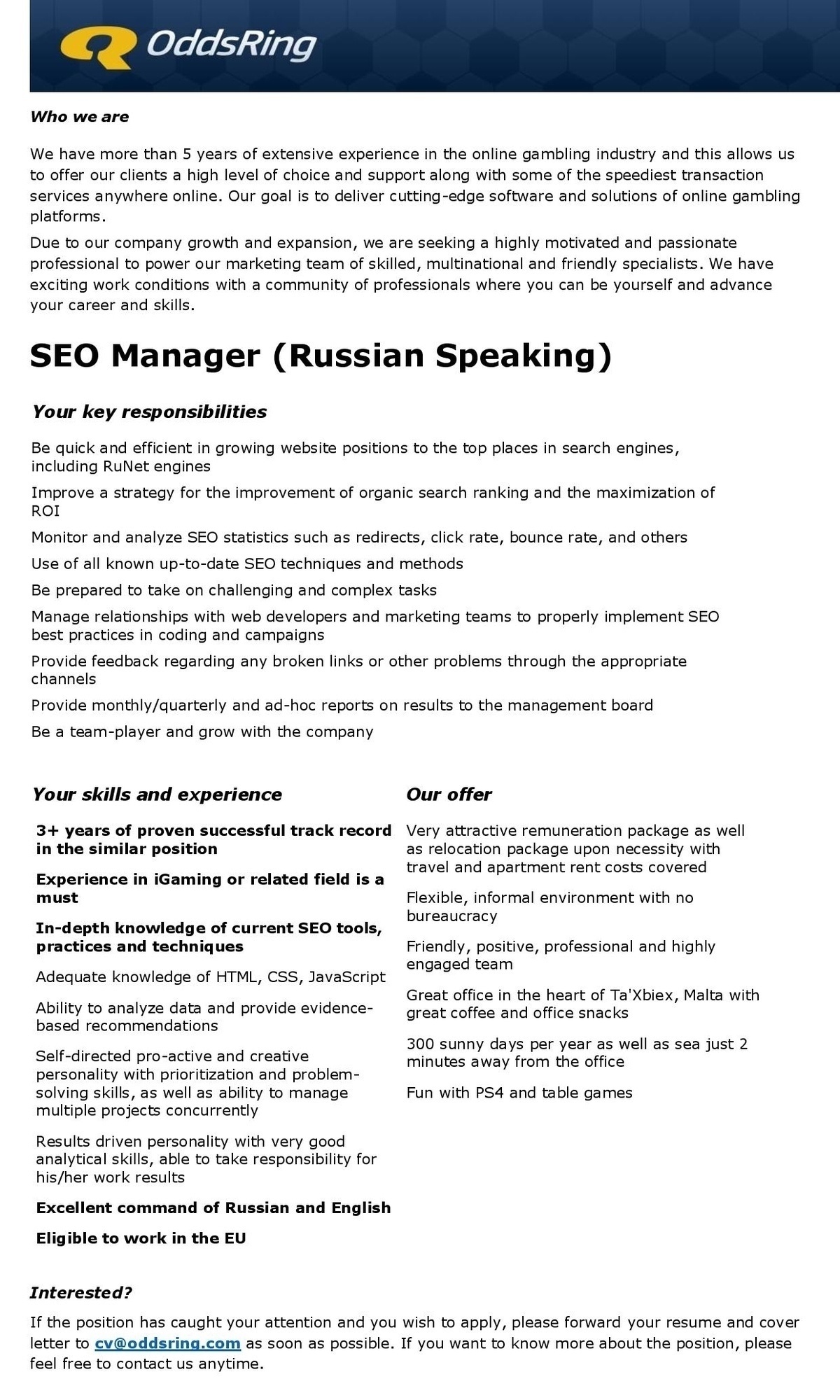 ORING LTD SEO Manager (Russian Speaking)
