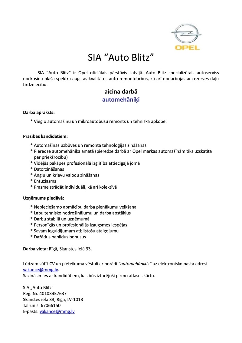 Auto Blitz, SIA Automehāniķis/-e