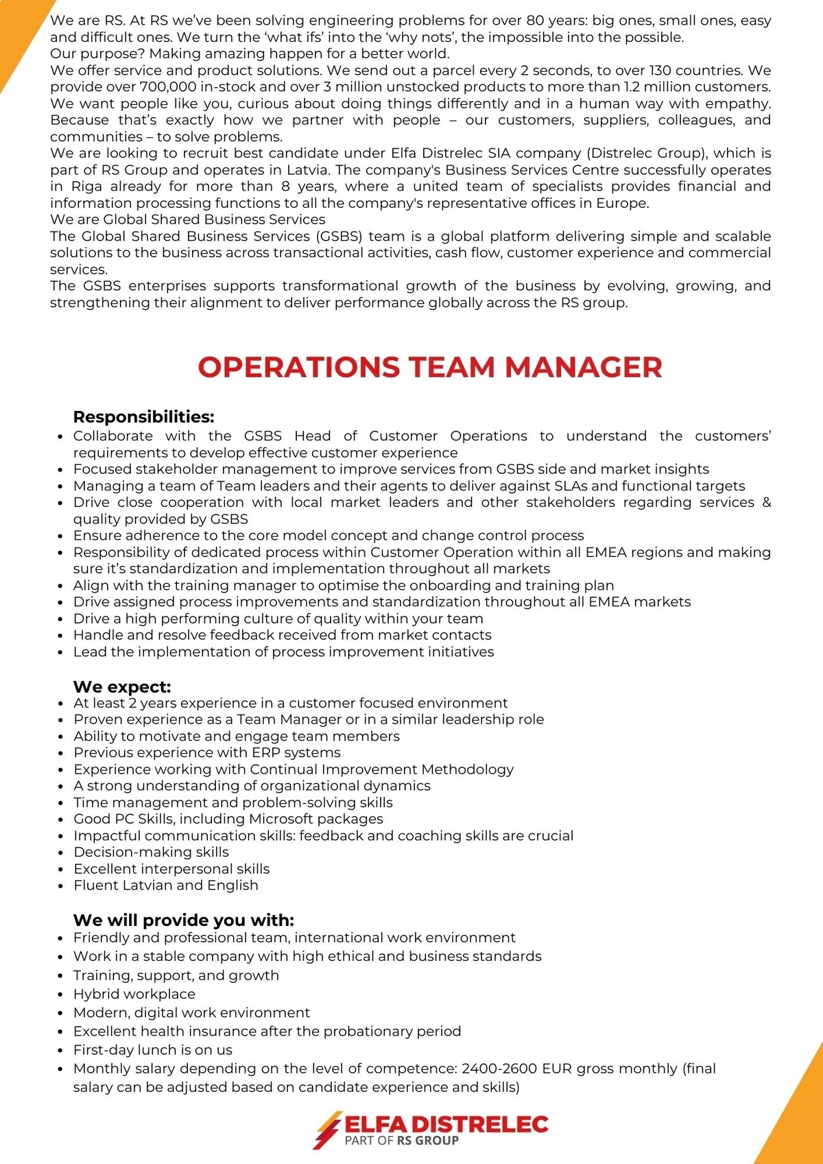 SAS "Manpower Lit" filiāle "Manpower Lit" Operations Team Manager
