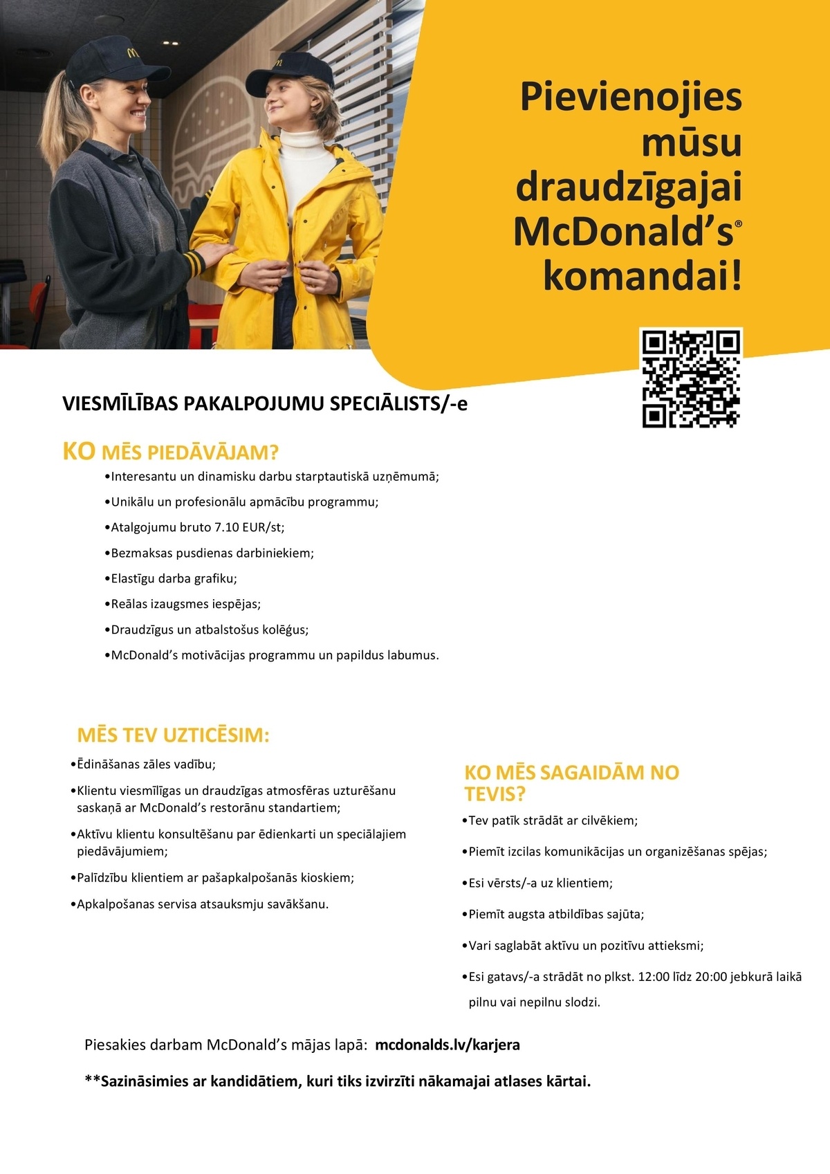 Premier Restaurants Latvia, SIA "McDonald's" viesmīlības pakalpojumu speciālists/-e