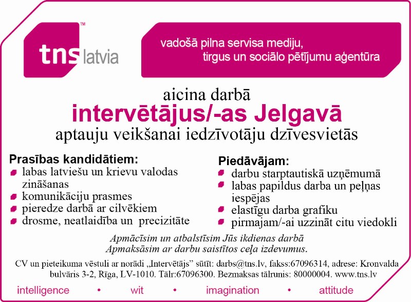 TNS Latvia, SIA Intervētājs/-a Jelgavā