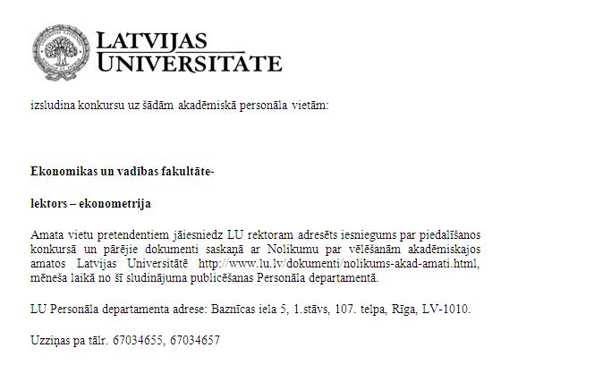 Latvijas Universitāte Lektors - ekonometrijā