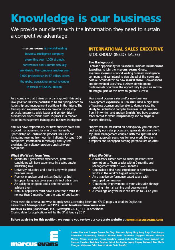 Marcus Evans Ltd. International sales executive