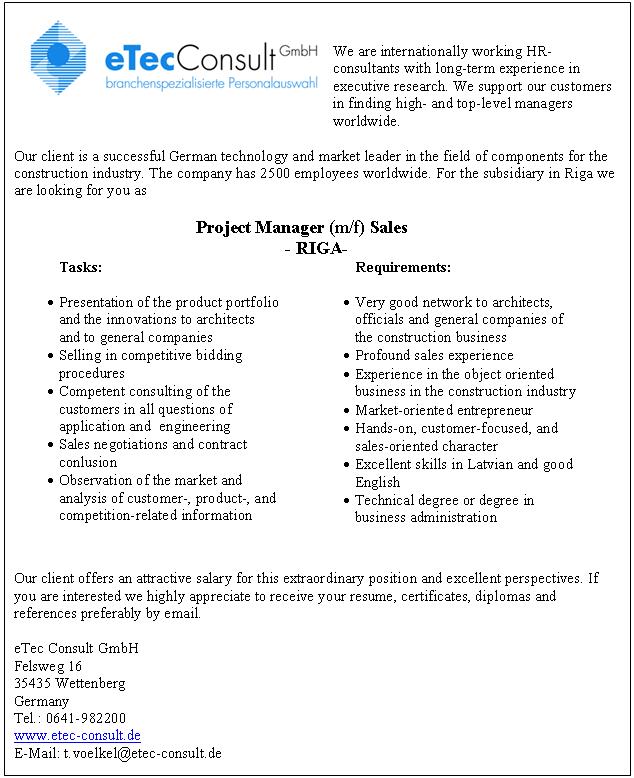 eTecConsult GmbH Project Manager (m/f) Sales