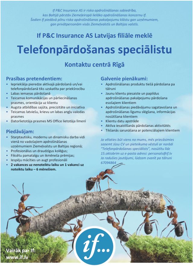 If P&C Insurance AS Latvijas filiāle Telefonpārdošanas speciālists/-e