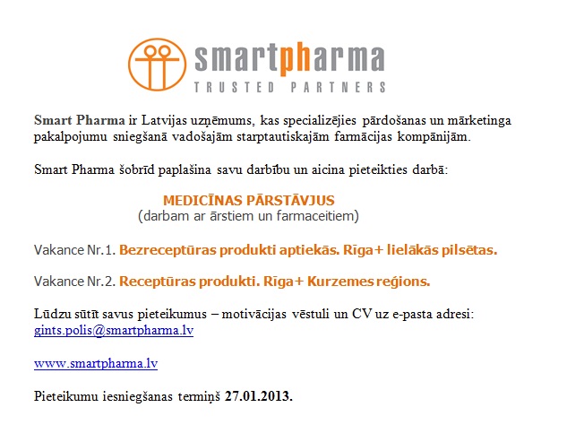 Smart Pharma, SIA Medicīnas pārstāvjis/-e darbam ar ārstiem un farmaceitiem Rīgā