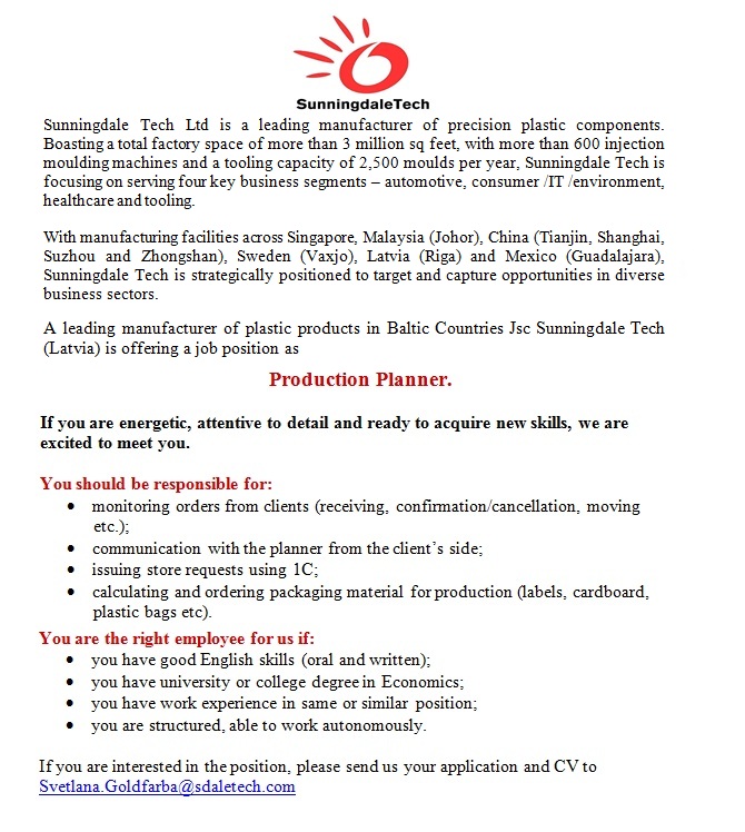 Sunningdale Tech, AS (Latvia) Production planner