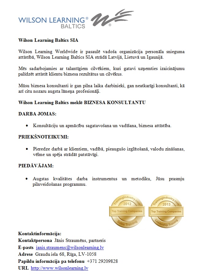 Wilson Learning Baltics, SIA Biznesa konsultants/-e
