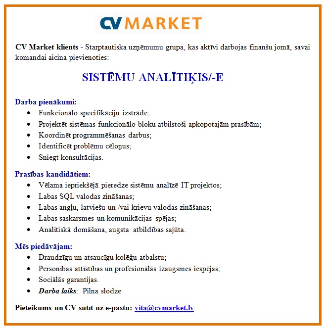 CVMarket.lv klients Sistēmu analītiķis/-e