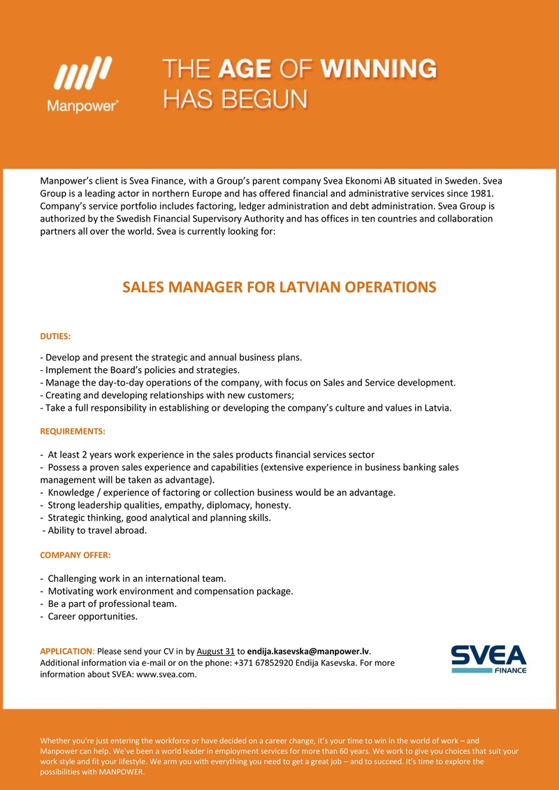 CV Market client SALES MANAGER FOR LATVIAN OPERATIONS
