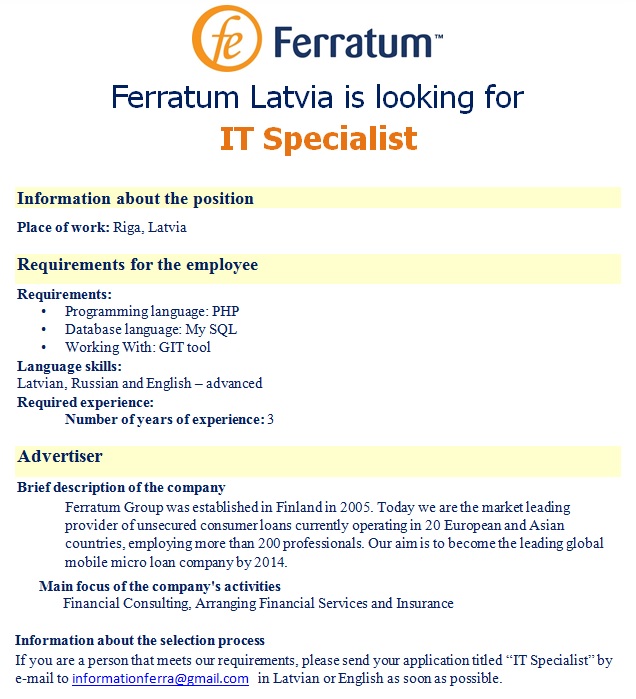 Ferratum Latvia, SIA IT Specialist
