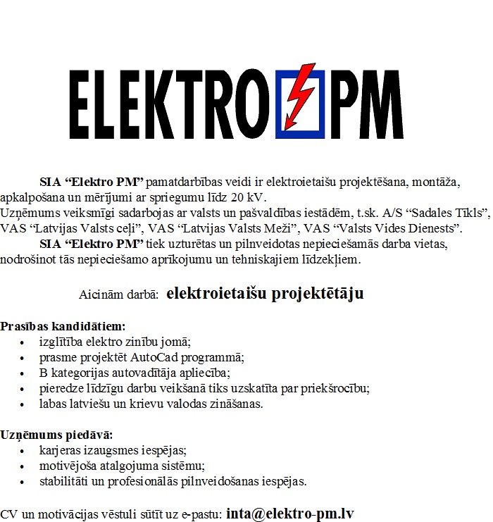 CVMarket.lv klients Elektroietaišu projektētājs/-a