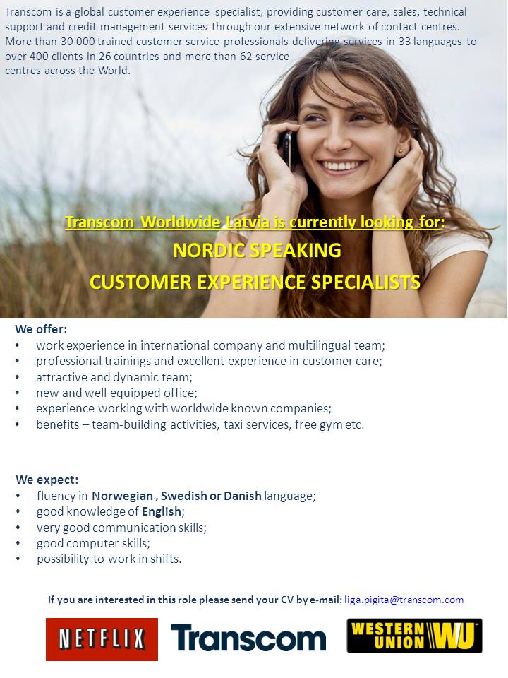 Transcom Worldwide Latvia, SIA Nordic speaking customer service representative