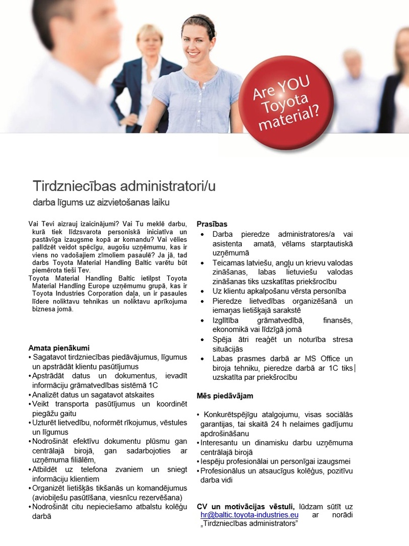 Toyota Material Handling Baltic, SIA Tirdzniecības administrators/-e