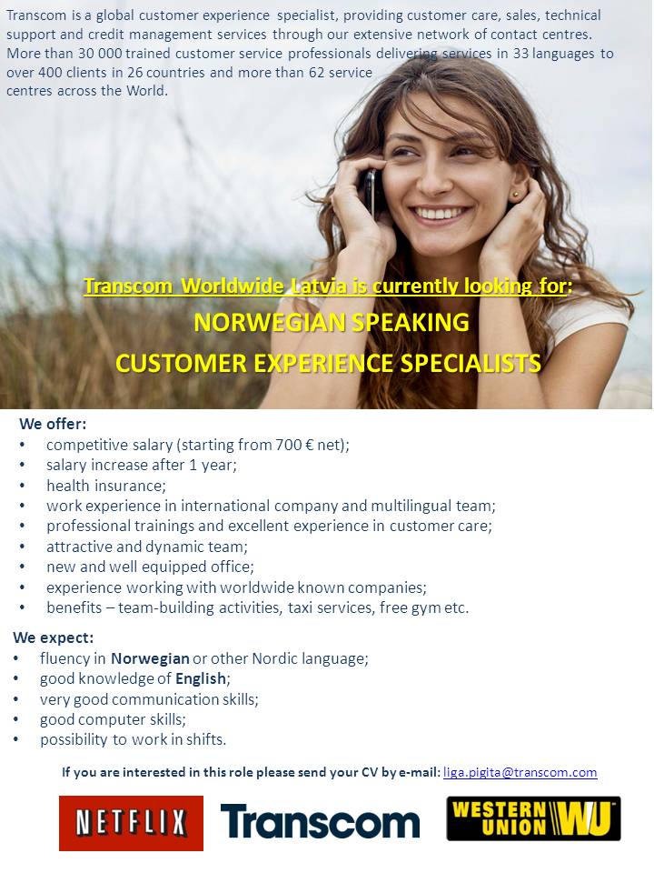 Transcom Worldwide Latvia, SIA Norwegian speaking customer service representative