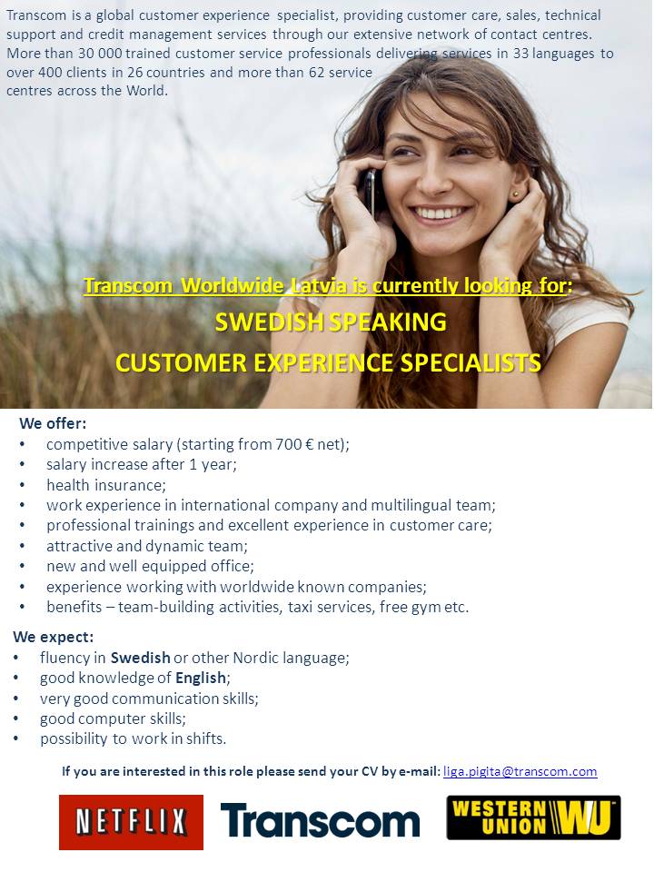 Transcom Worldwide Latvia, SIA Swedish speaking customer service representative