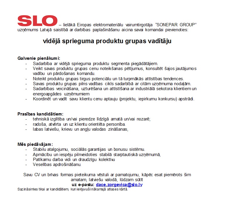 SLO Latvia, SIA Vidējā sprieguma produktu grupas vadītājs/-a