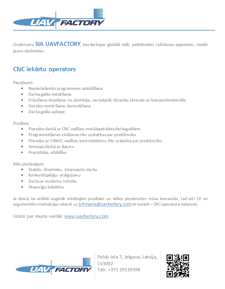 UAVFACTORY, SIA CNC iekārtu operators/-e