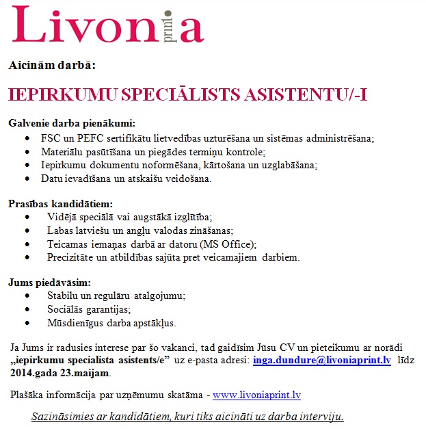 Livonia Print, SIA Iepirkumu speciālista asistents/-e
