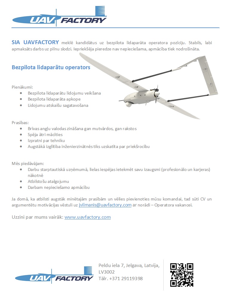 UAVFACTORY, SIA Bezpilota lidaparātu operators/-e