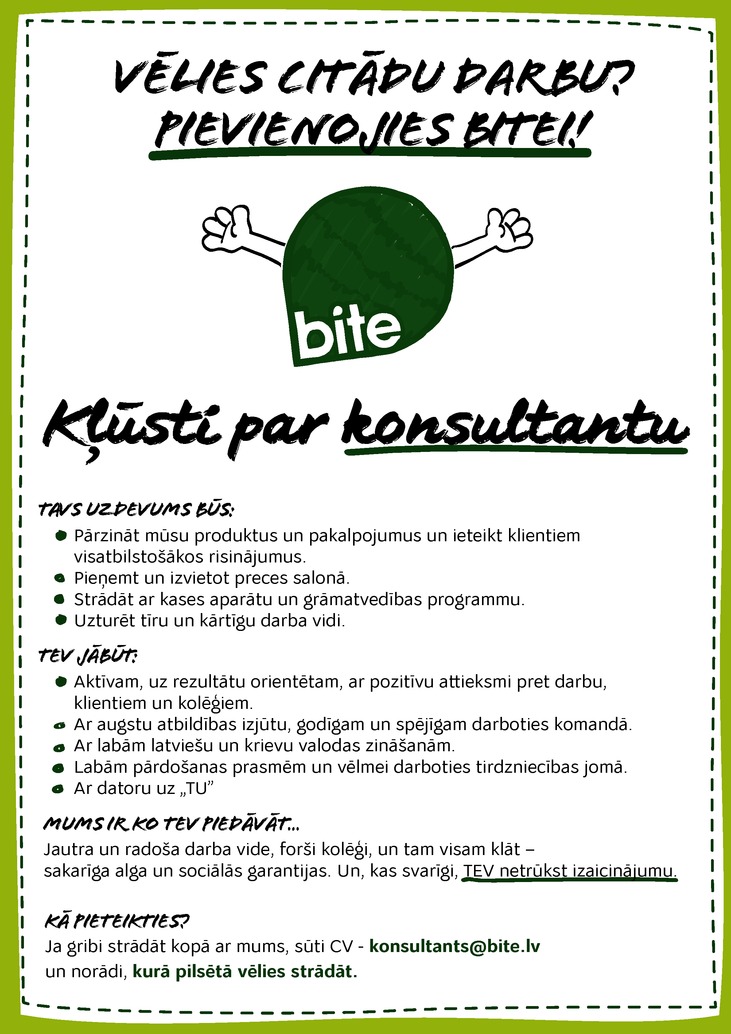 BITE Latvija, SIA Klientu apkalpošanas speciālists/-e salonā Rīgā, Saldū, Liepājā, Siguldā un Dobelē
