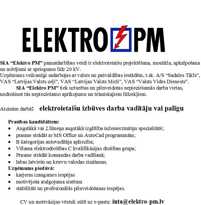 Elektro PM, SIA Elektroietaišu izbūves darba vadītājs/-a vai palīgs/-dze