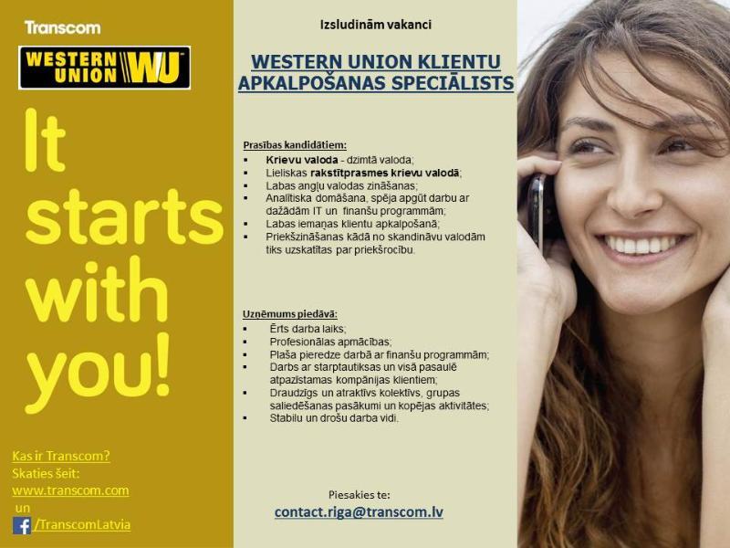 Transcom Worldwide Latvia, SIA Western Union klientu apkalpošnas speciālists