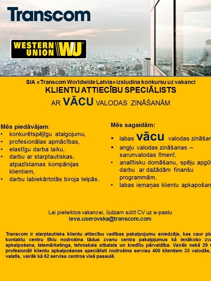 Transcom Worldwide Latvia, SIA Western Union komunikāciju speciālists vācu valodā