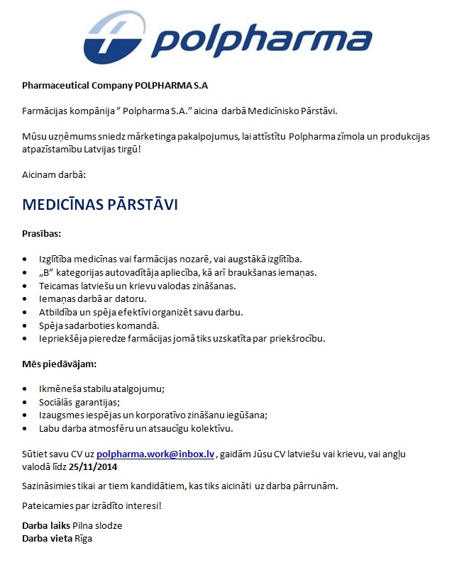 Pharmaceutical Works POLPHARMA SA Representative office in Baltic countries Medicīnas pārstāvis/-e
