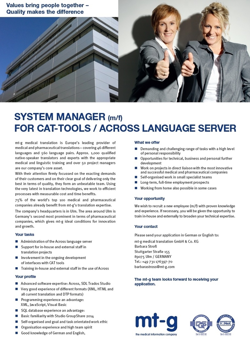 CV Market client SYSTEM MANAGER (m/f) FOR CAT-TOOLS / ACROSS LANGUAGE SERVER