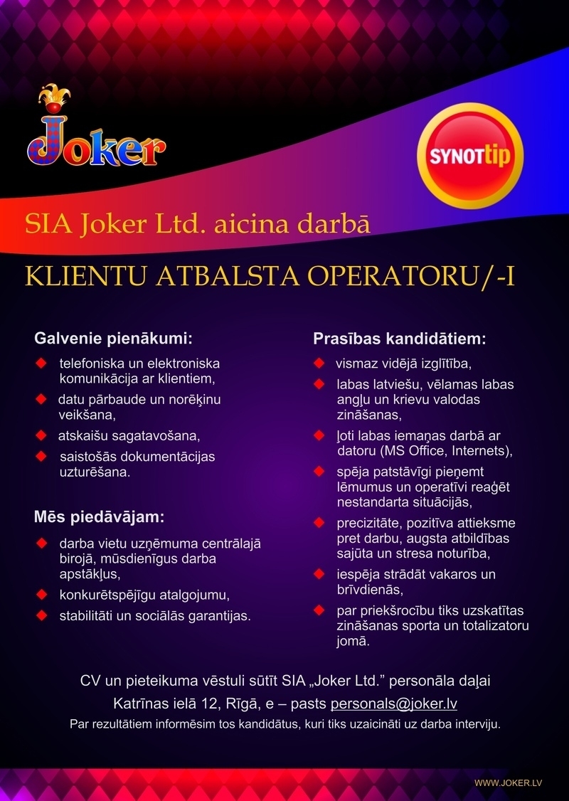 Joker Ltd, SIA Klientu atbalsta operators