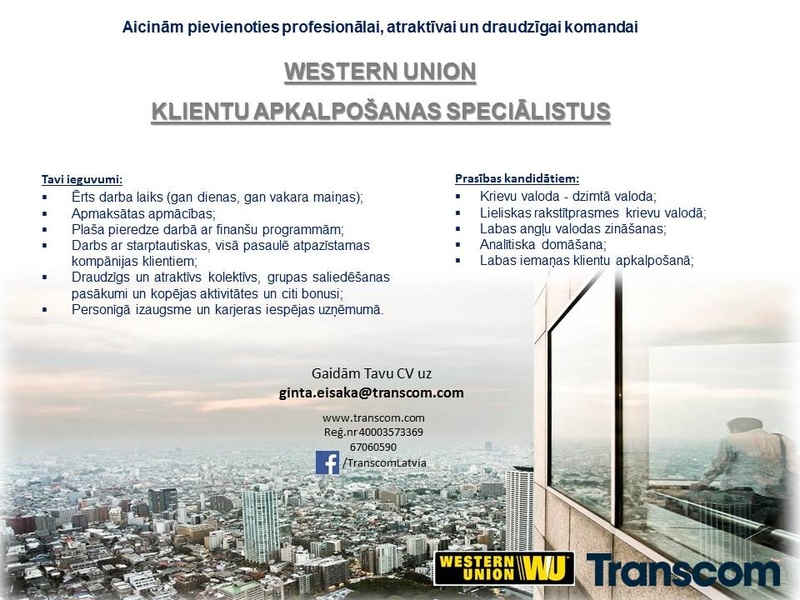 Transcom Worldwide Latvia, SIA Krievijas Western Union klientu apkalpošanas speciālists