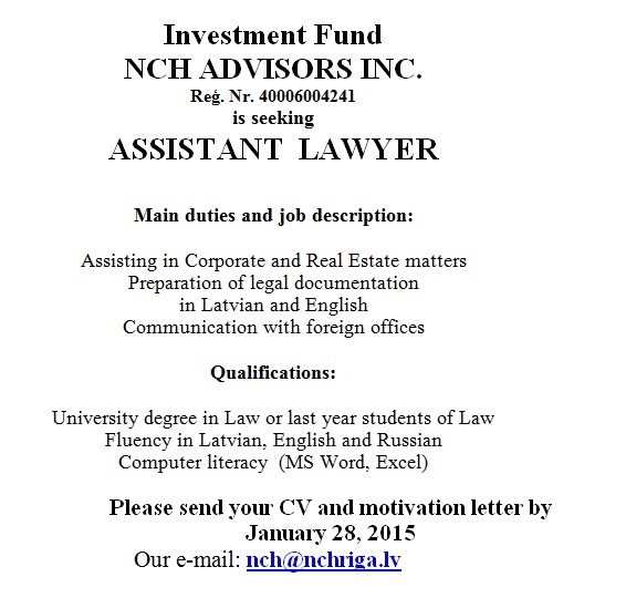 Investment Fund NCH ADVISORS INC. ASSISTANT LAWYER 