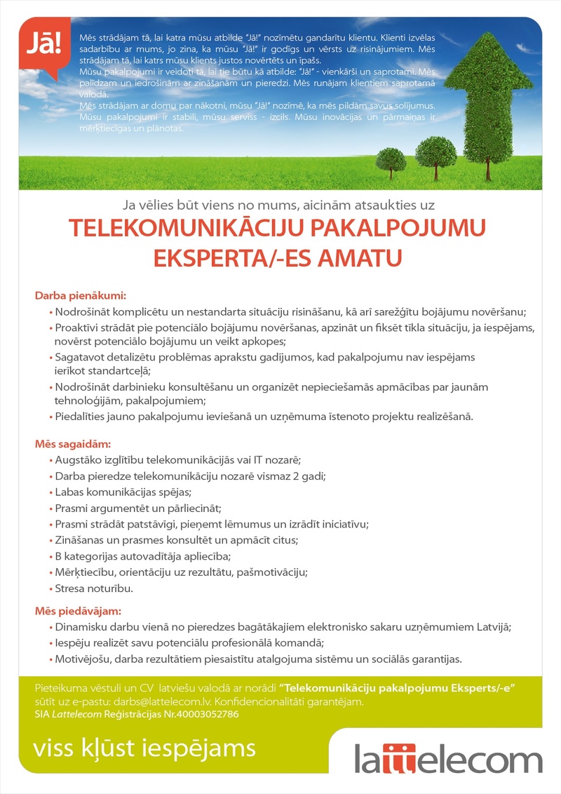 Lattelecom, SIA Telekomunikāciju pakalpojumu eksperts/-e