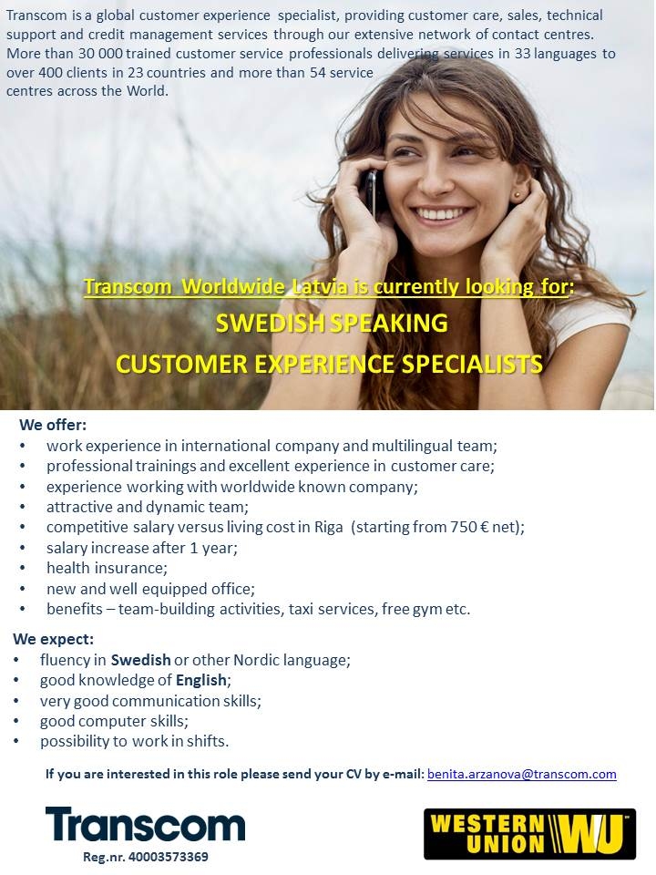 Transcom Worldwide Latvia, SIA Swedish speaking Customer service representative