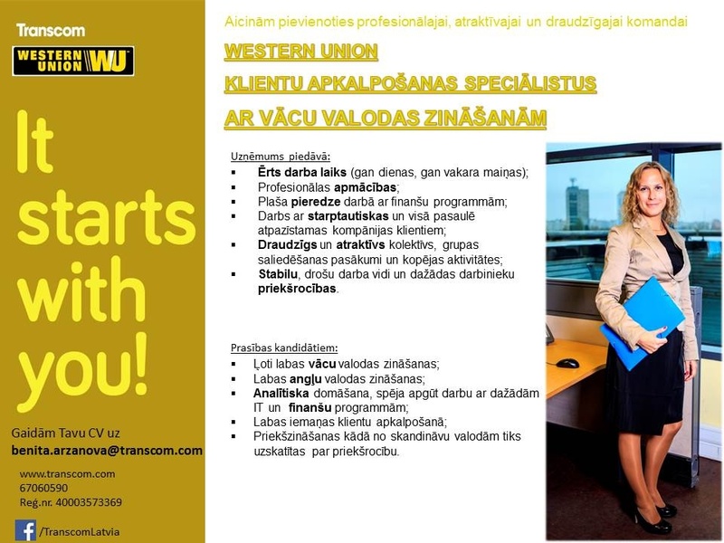 Transcom Worldwide Latvia, SIA Western Union vācu klientu apkalpošanas speciālists