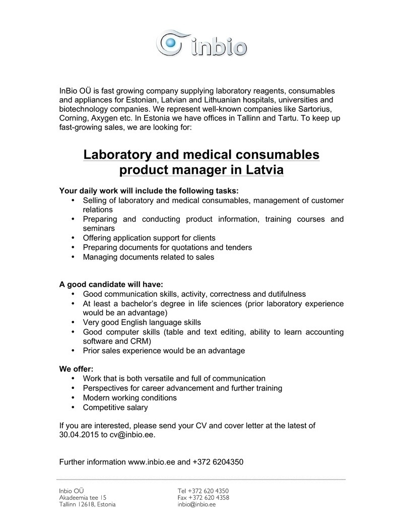 Inbio OÜ Laboratory and medical consumables product manager in Latvia