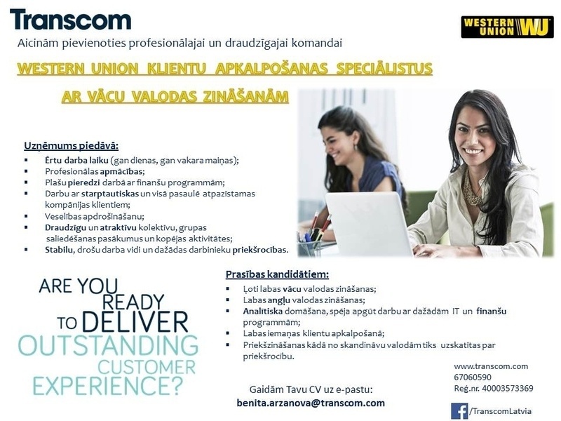 Transcom Worldwide Latvia, SIA Western Union vācu klientu apkalpošanas speciālists