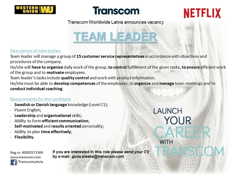 Transcom Worldwide Latvia, SIA Grupas vadītājs/-a